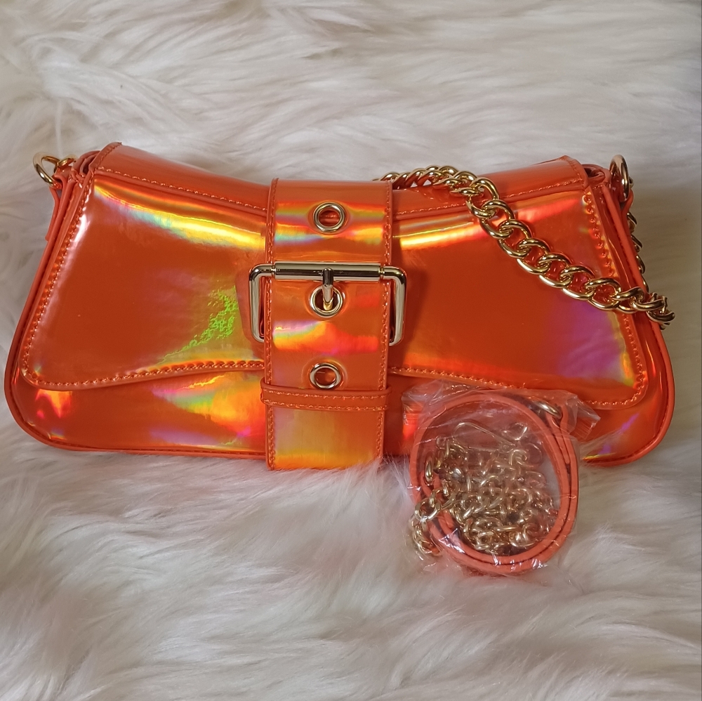 Holographic Orange Chain Shoulder Bag